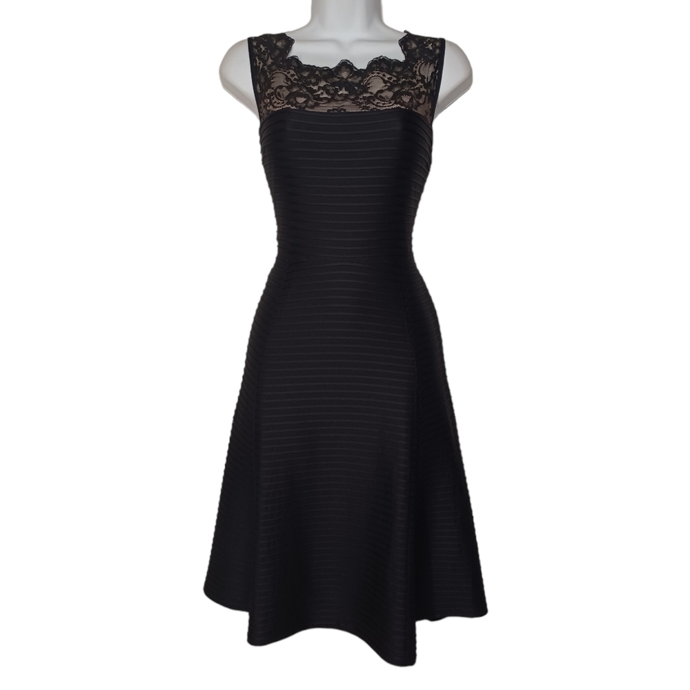 LONDON STYLE NIGHTS Black Lace Ribbed Square Neck Sleeveless Cocktail Dress 4 S